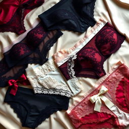 A stylish display of elegantly designed sexy underwear, showcasing intricate lace details and luxurious fabrics
