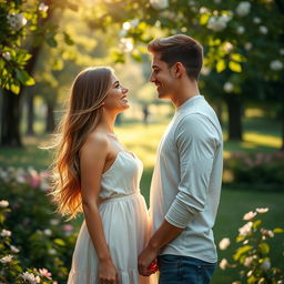 A romantic scene featuring two beautiful people gazing into each others' eyes in a captivating moment