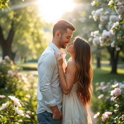 A romantic scene featuring two beautiful people gazing into each others' eyes in a captivating moment