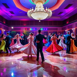 A vibrant dance scene in a dazzling ballroom, with elegantly dressed couples twirling gracefully under a magnificent chandelier