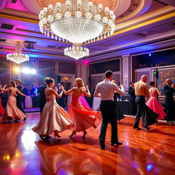 A vibrant dance scene in a dazzling ballroom, with elegantly dressed couples twirling gracefully under a magnificent chandelier