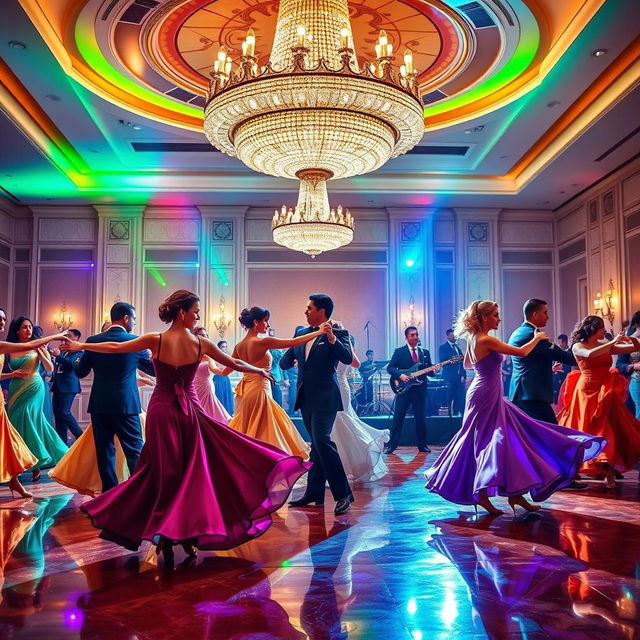 A vibrant dance scene in a dazzling ballroom, with elegantly dressed couples twirling gracefully under a magnificent chandelier