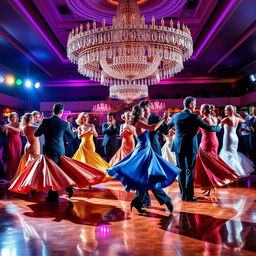 A vibrant dance scene in a dazzling ballroom, with elegantly dressed couples twirling gracefully under a magnificent chandelier