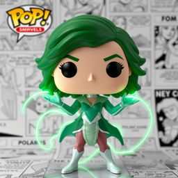 A Funko Pop figure of Polaris from the X-Men, showcasing her unique green hair and elegant costume