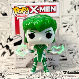 A Funko Pop figure of Polaris from the X-Men, showcasing her unique green hair and elegant costume