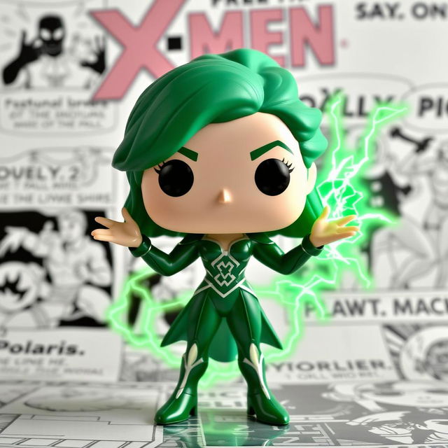 A Funko Pop figure of Polaris from the X-Men, showcasing her unique green hair and elegant costume