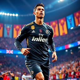 A dynamic depiction of Cristiano Ronaldo wearing a sleek black Real Madrid uniform, showcasing his athletic build and iconic pose in action during a football match