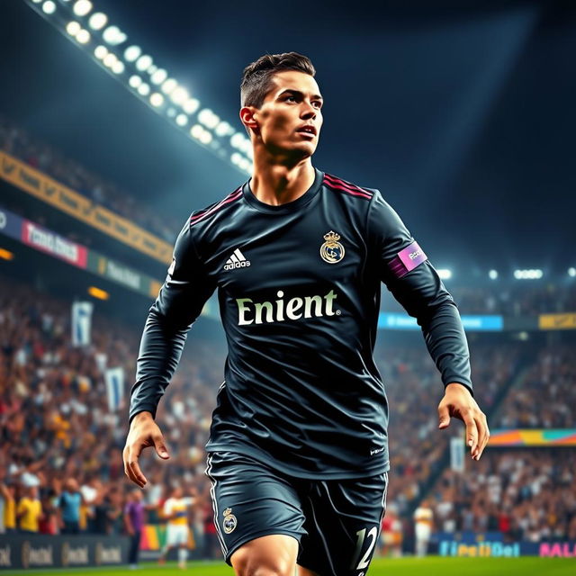 A dynamic depiction of Cristiano Ronaldo wearing a sleek black Real Madrid uniform, showcasing his athletic build and iconic pose in action during a football match