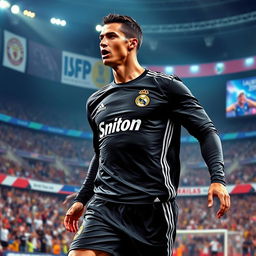 A dynamic depiction of Cristiano Ronaldo wearing a sleek black Real Madrid uniform, showcasing his athletic build and iconic pose in action during a football match
