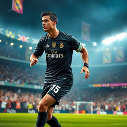 A dynamic depiction of Cristiano Ronaldo wearing a sleek black Real Madrid uniform, showcasing his athletic build and iconic pose in action during a football match