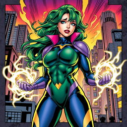 A highly detailed and vibrant illustration of Carte Polaris from X-Men, depicted as a powerful mutant with green hair and a striking costume that showcases her magnetic powers