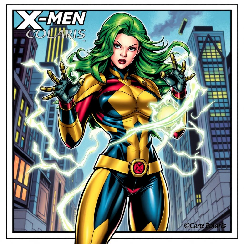 A highly detailed and vibrant illustration of Carte Polaris from X-Men, depicted as a powerful mutant with green hair and a striking costume that showcases her magnetic powers