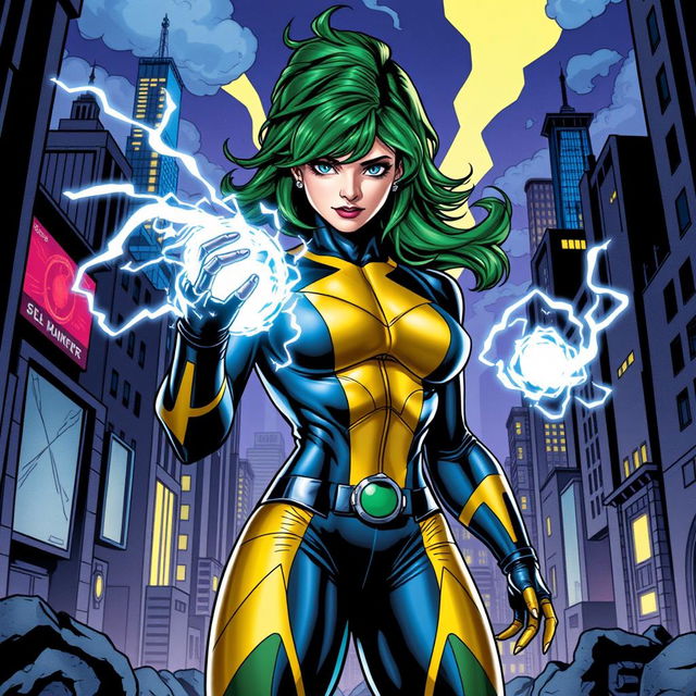 A highly detailed and vibrant illustration of Carte Polaris from X-Men, depicted as a powerful mutant with green hair and a striking costume that showcases her magnetic powers