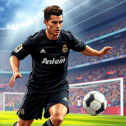 A highly detailed illustration of a male soccer player resembling Cristiano Ronaldo, showcasing him in a black Real Madrid uniform