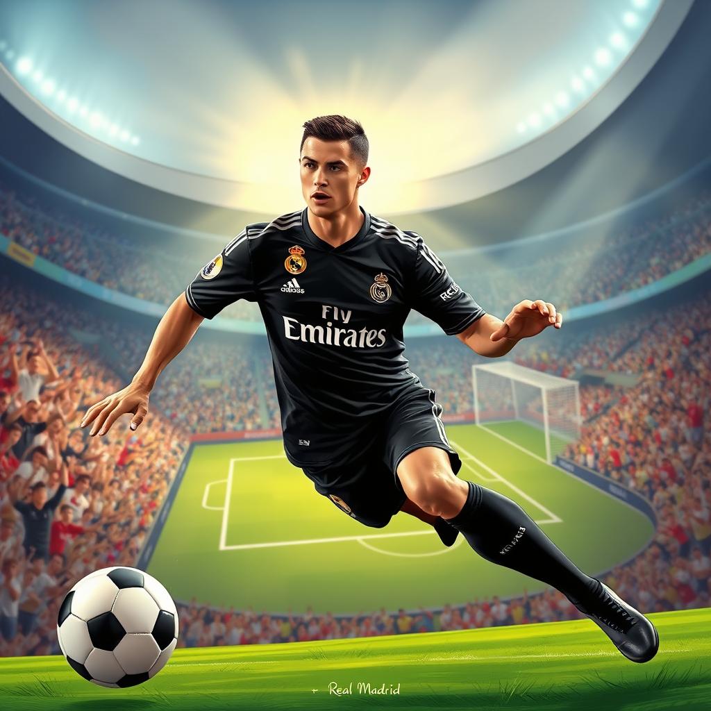 A highly detailed illustration of a male soccer player resembling Cristiano Ronaldo, showcasing him in a black Real Madrid uniform