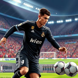 A highly detailed illustration of a male soccer player resembling Cristiano Ronaldo, showcasing him in a black Real Madrid uniform