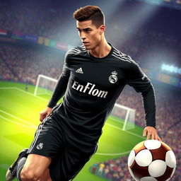 A highly detailed illustration of a male soccer player resembling Cristiano Ronaldo, showcasing him in a black Real Madrid uniform