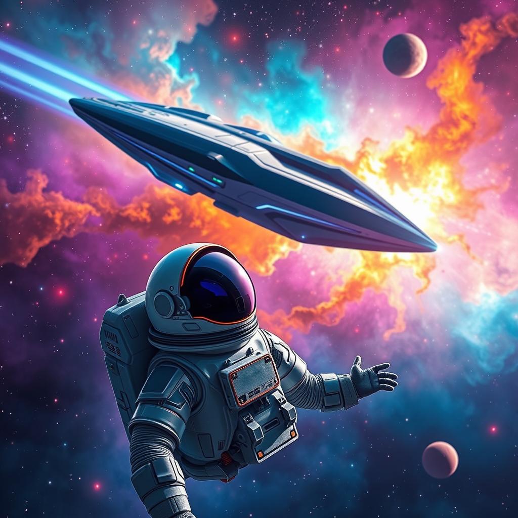 A captivating space exploration scene for a sci-fi book cover showcasing a vibrant nebula in the background, with a futuristic spacecraft soaring through the cosmos