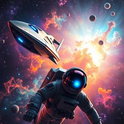 A captivating space exploration scene for a sci-fi book cover showcasing a vibrant nebula in the background, with a futuristic spacecraft soaring through the cosmos