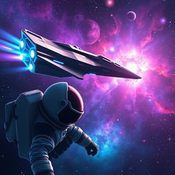 A captivating space exploration scene for a sci-fi book cover showcasing a vibrant nebula in the background, with a futuristic spacecraft soaring through the cosmos