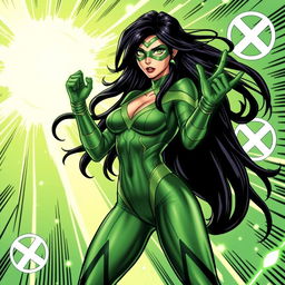 A character inspired by Carte Polaris from the X-Men comics, depicted in a striking green superhero costume