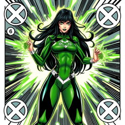 A character inspired by Carte Polaris from the X-Men comics, depicted in a striking green superhero costume