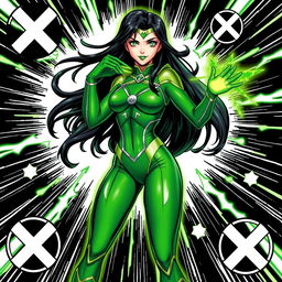 A character inspired by Carte Polaris from the X-Men comics, depicted in a striking green superhero costume