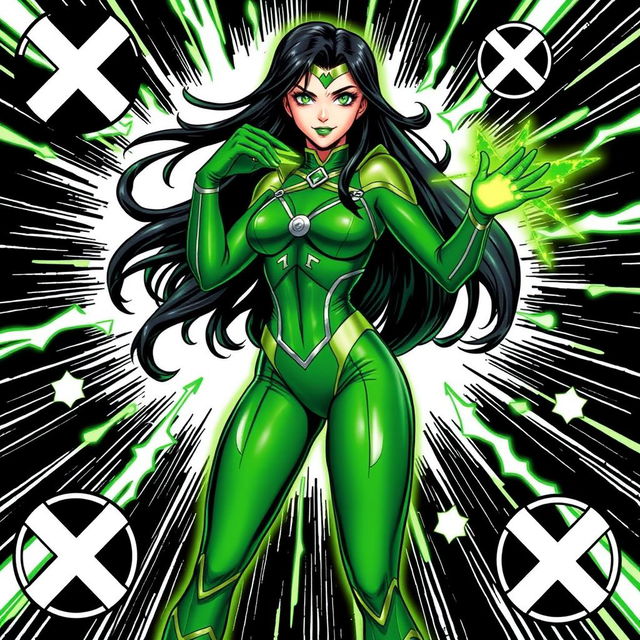 A character inspired by Carte Polaris from the X-Men comics, depicted in a striking green superhero costume