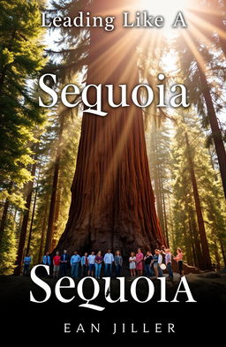 A stunning book cover featuring a majestic, towering sequoia tree, surrounded by a diverse group of people standing in awe around its base, looking up towards its lofty branches