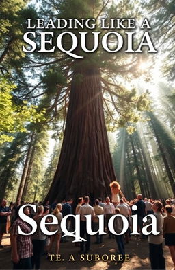 A stunning book cover featuring a majestic, towering sequoia tree, surrounded by a diverse group of people standing in awe around its base, looking up towards its lofty branches