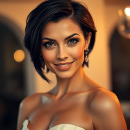 A glamorous portrait of a woman reminiscent of the actress Stoya, featuring her distinct short dark hair and piercing eyes