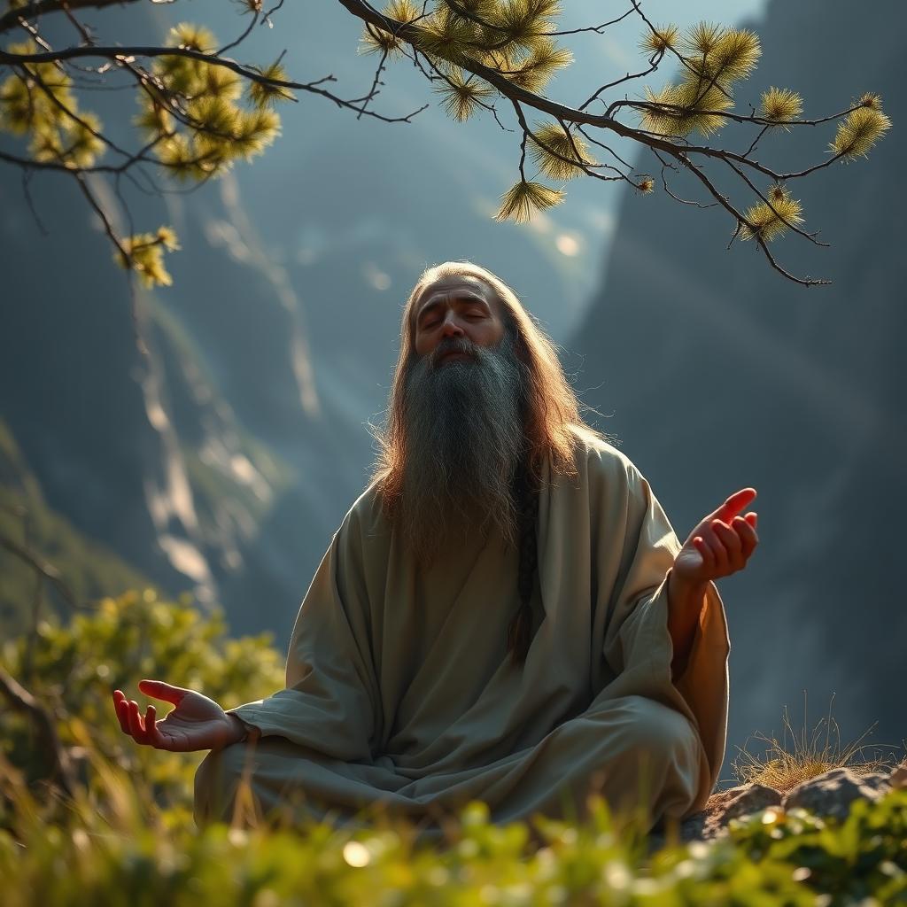 A serene scene of a mystical, wise man in a mountain setting, deeply engaged in prayer and meditation