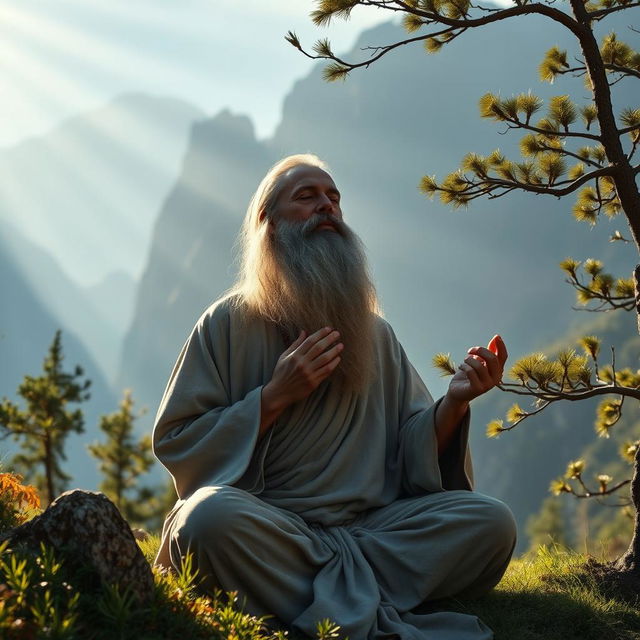 A serene scene of a mystical, wise man in a mountain setting, deeply engaged in prayer and meditation