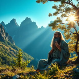 A serene scene of a mystical, wise man in a mountain setting, deeply engaged in prayer and meditation