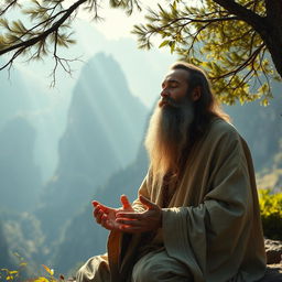 A serene scene of a mystical, wise man in a mountain setting, deeply engaged in prayer and meditation