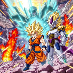 An epic scene set in the Dragon Ball Z universe showcasing iconic characters like Goku and Vegeta in intense battle stance against a powerful foe, surrounded by vibrant energy blasts and a dramatic background of exploding mountains and a fiery sky