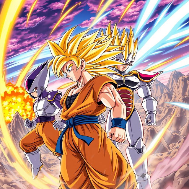 An epic scene set in the Dragon Ball Z universe showcasing iconic characters like Goku and Vegeta in intense battle stance against a powerful foe, surrounded by vibrant energy blasts and a dramatic background of exploding mountains and a fiery sky