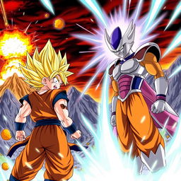 An epic scene set in the Dragon Ball Z universe showcasing iconic characters like Goku and Vegeta in intense battle stance against a powerful foe, surrounded by vibrant energy blasts and a dramatic background of exploding mountains and a fiery sky