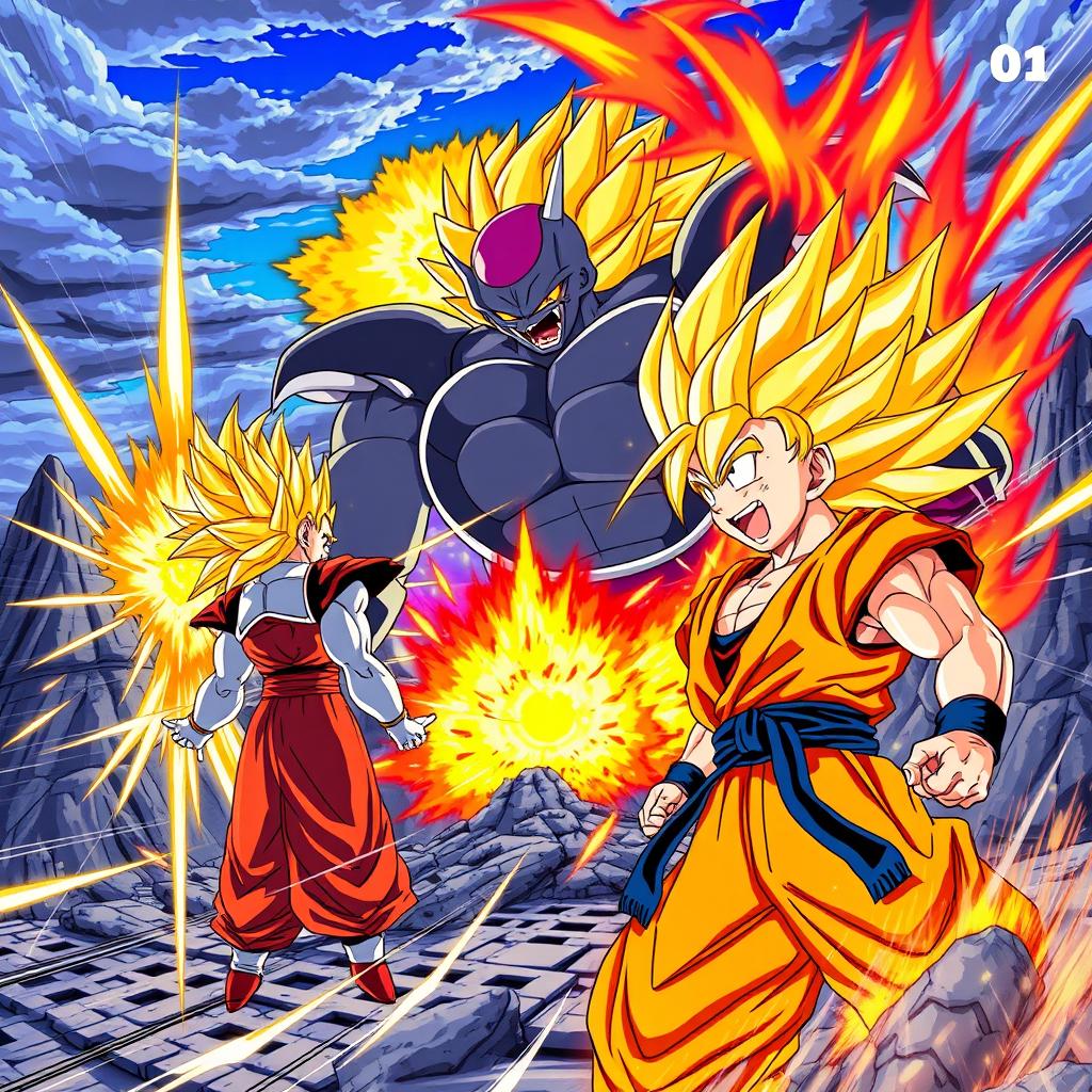 An epic scene set in the Dragon Ball Z universe showcasing iconic characters like Goku and Vegeta in intense battle stance against a powerful foe, surrounded by vibrant energy blasts and a dramatic background of exploding mountains and a fiery sky