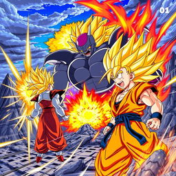 An epic scene set in the Dragon Ball Z universe showcasing iconic characters like Goku and Vegeta in intense battle stance against a powerful foe, surrounded by vibrant energy blasts and a dramatic background of exploding mountains and a fiery sky