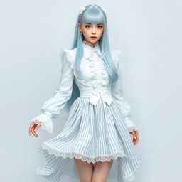 A user wearing an elaborate white outfit that consists of a long-sleeved blouse with a ruffled collar, paired with a high-waisted striped skirt that flows elegantly