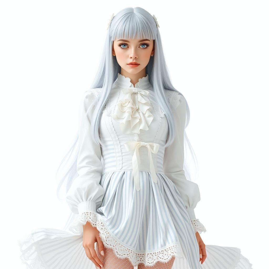 A user wearing an elaborate white outfit that consists of a long-sleeved blouse with a ruffled collar, paired with a high-waisted striped skirt that flows elegantly