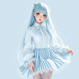 A user wearing an elaborate white outfit that consists of a long-sleeved blouse with a ruffled collar, paired with a high-waisted striped skirt that flows elegantly