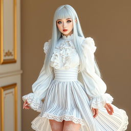 A user wearing an elaborate white outfit that consists of a long-sleeved blouse with a ruffled collar, paired with a high-waisted striped skirt that flows elegantly