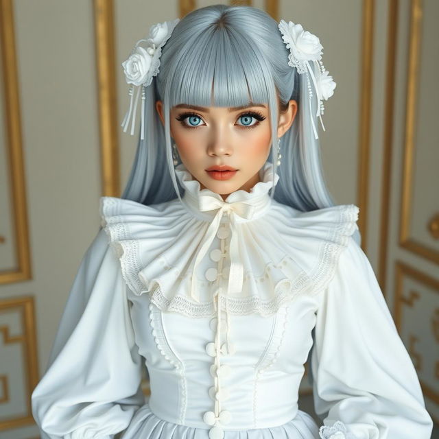 A user wearing an elaborate white outfit that features a long-sleeved blouse with a ruffled collar, combined with a high-waisted, striped skirt