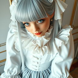 A user wearing an elaborate white outfit that features a long-sleeved blouse with a ruffled collar, combined with a high-waisted, striped skirt