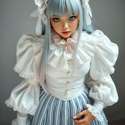 A user wearing an elaborate white outfit that features a long-sleeved blouse with a ruffled collar, combined with a high-waisted, striped skirt