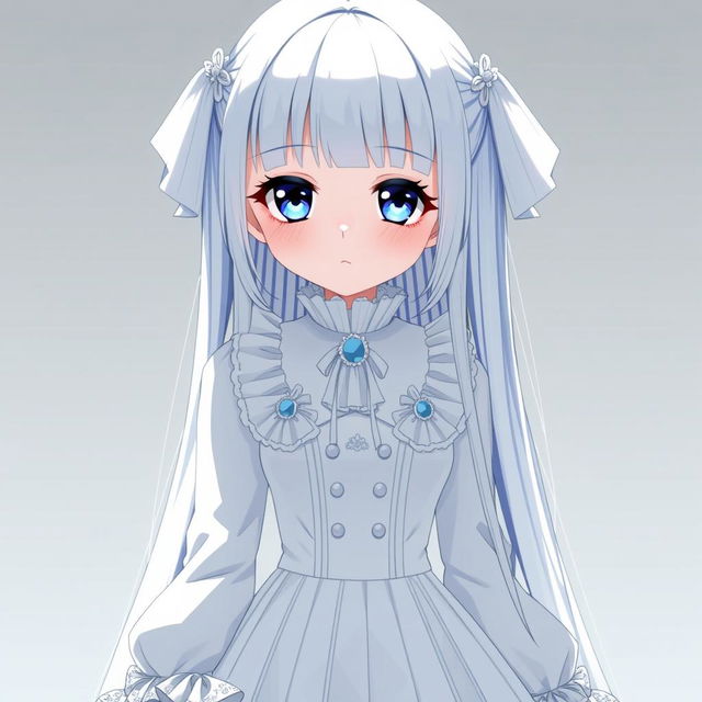 An anime-style character wearing an elaborate white outfit, consisting of a long-sleeved blouse with a ruffled collar and a high-waisted striped skirt