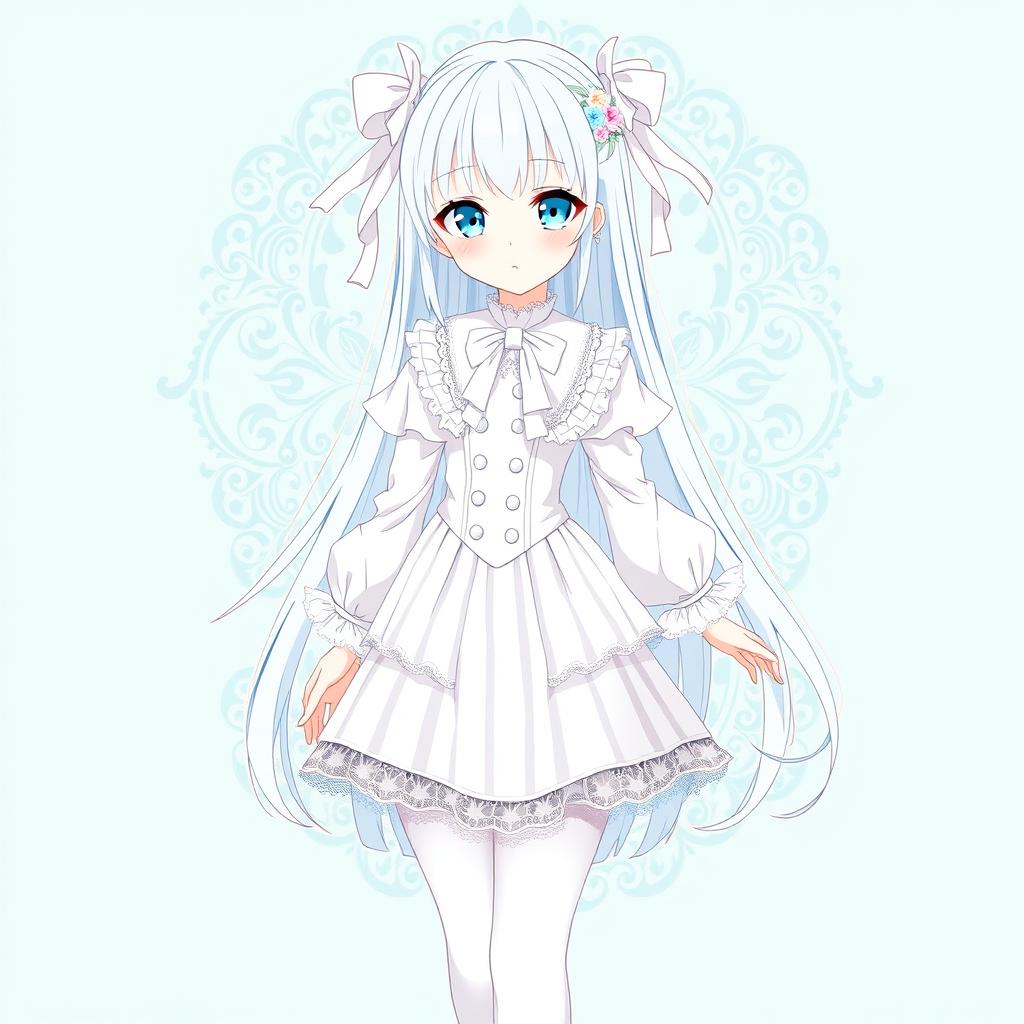 An anime-style character wearing an elaborate white outfit, consisting of a long-sleeved blouse with a ruffled collar and a high-waisted striped skirt