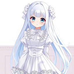 An anime-style character wearing an elaborate white outfit, consisting of a long-sleeved blouse with a ruffled collar and a high-waisted striped skirt